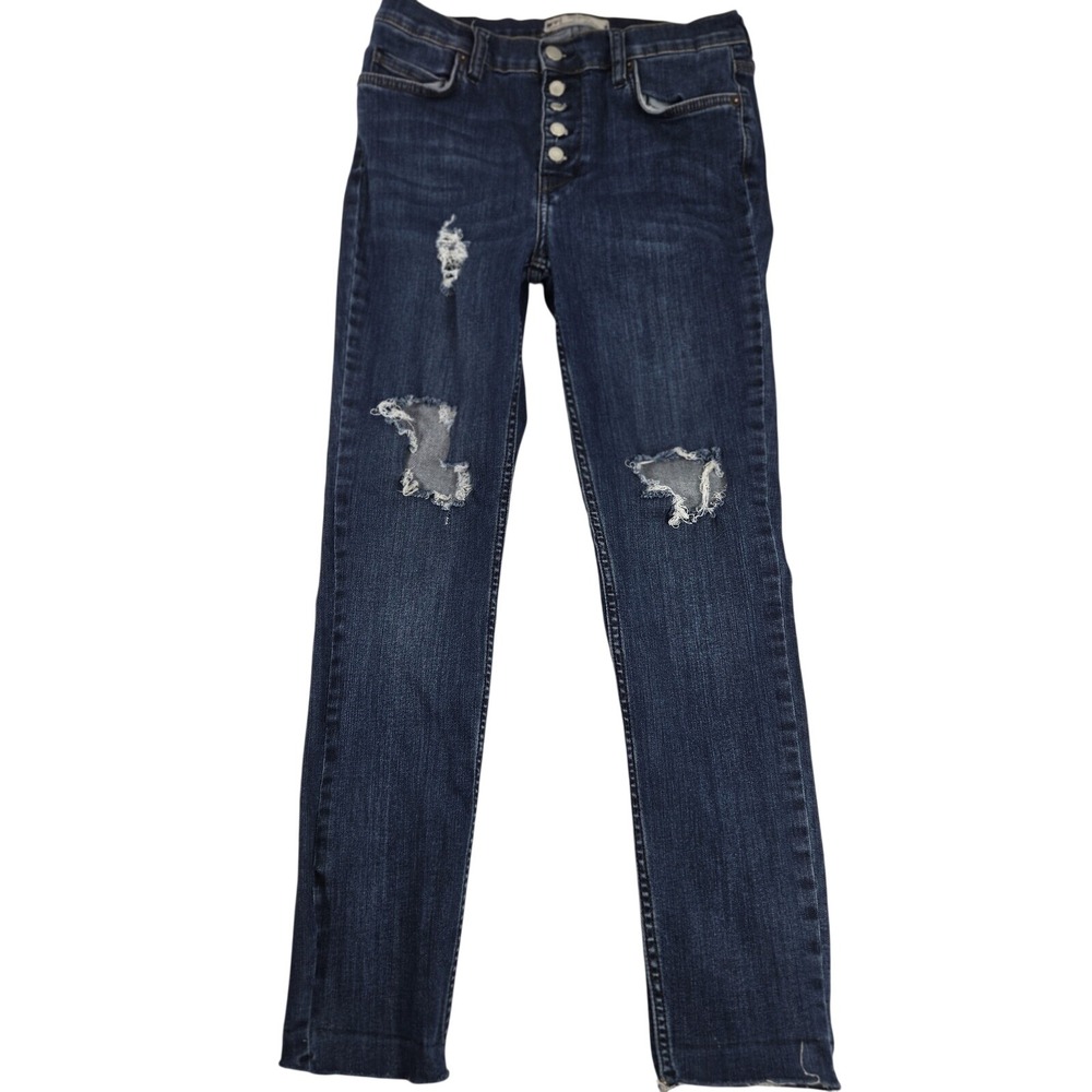 Free People We The Free Button‎ Fly Distressed Skinny Jeans Dark Wash W28